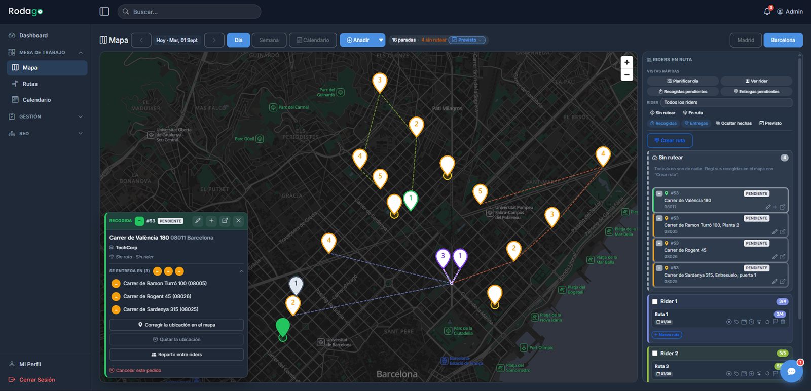 Mapa del dispatcher: paradas del día sobre Barcelona y panel de riders en ruta