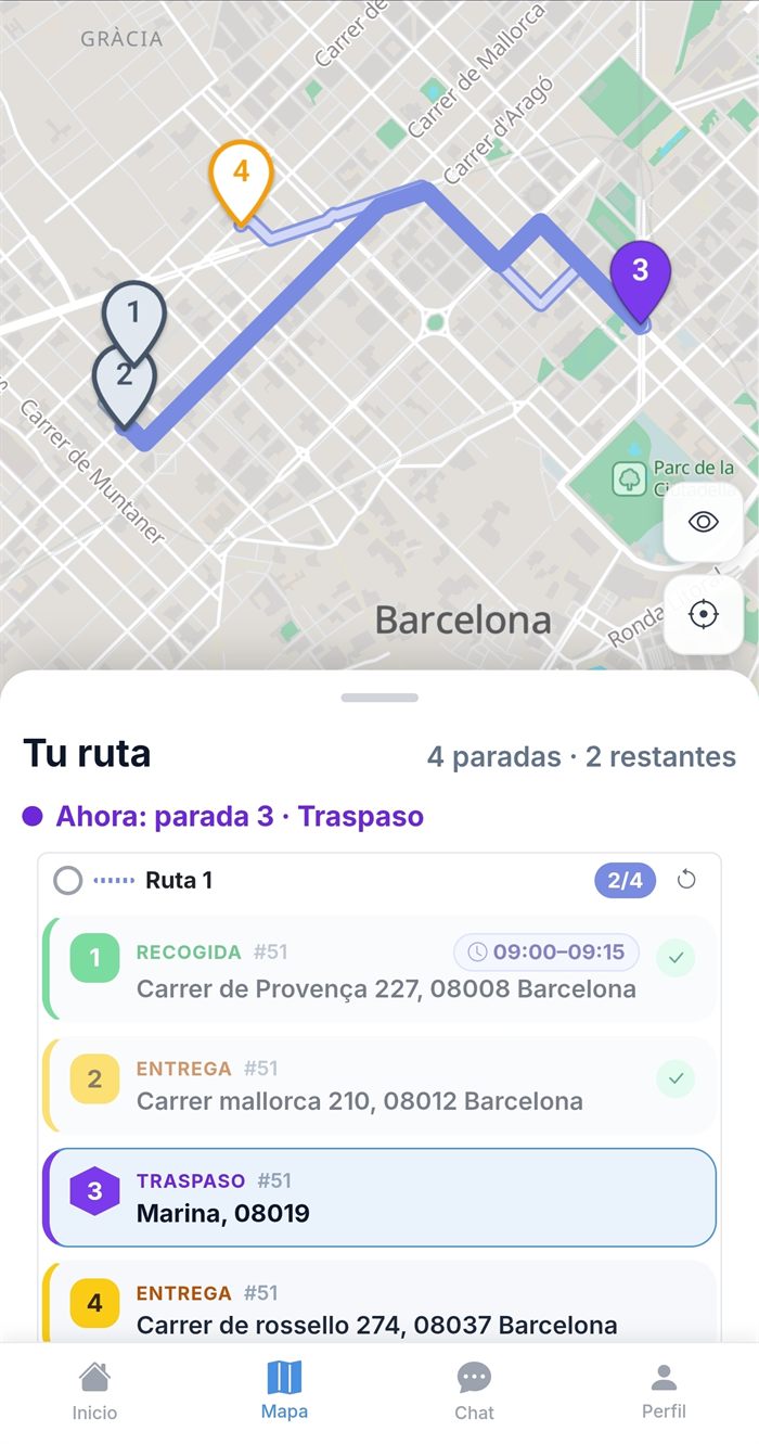 Recorrido del rider: la lista de paradas de la ruta con su tipo y su ventana horaria