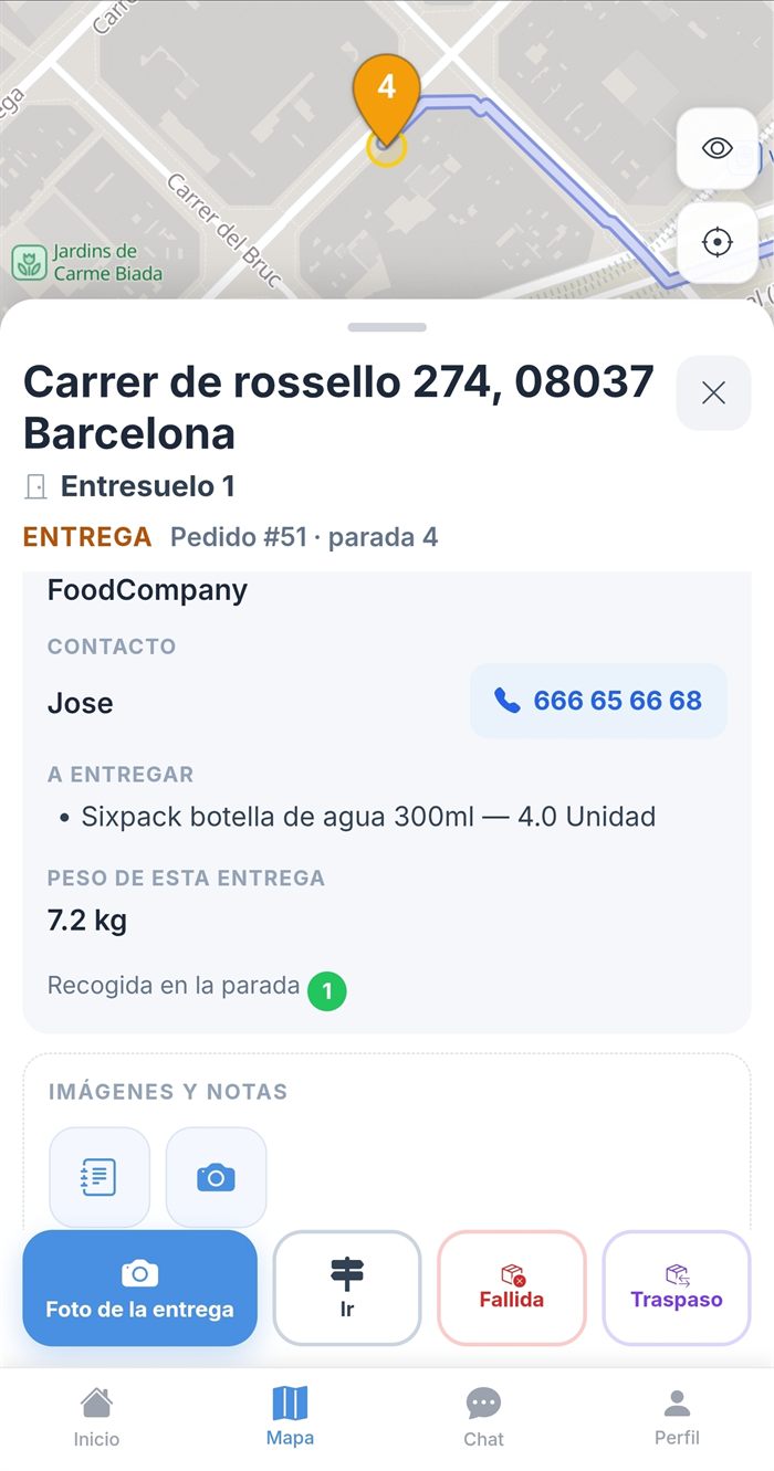 Parada de entrega: cliente, contacto, qué entregar y las acciones de la parada