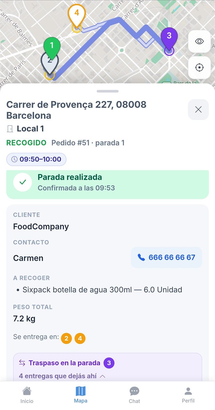 La app del rider: una parada del recorrido abierta sobre el mapa